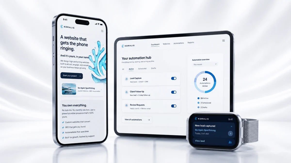 The same Koralis-built site looked after across phone, tablet and watch