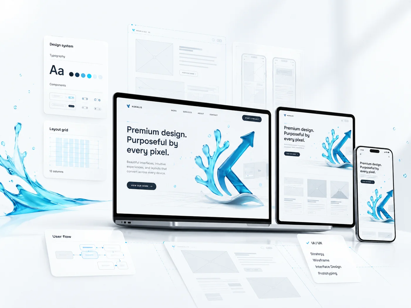 Koralis design system across laptop, tablet and phone with type and layout specimens