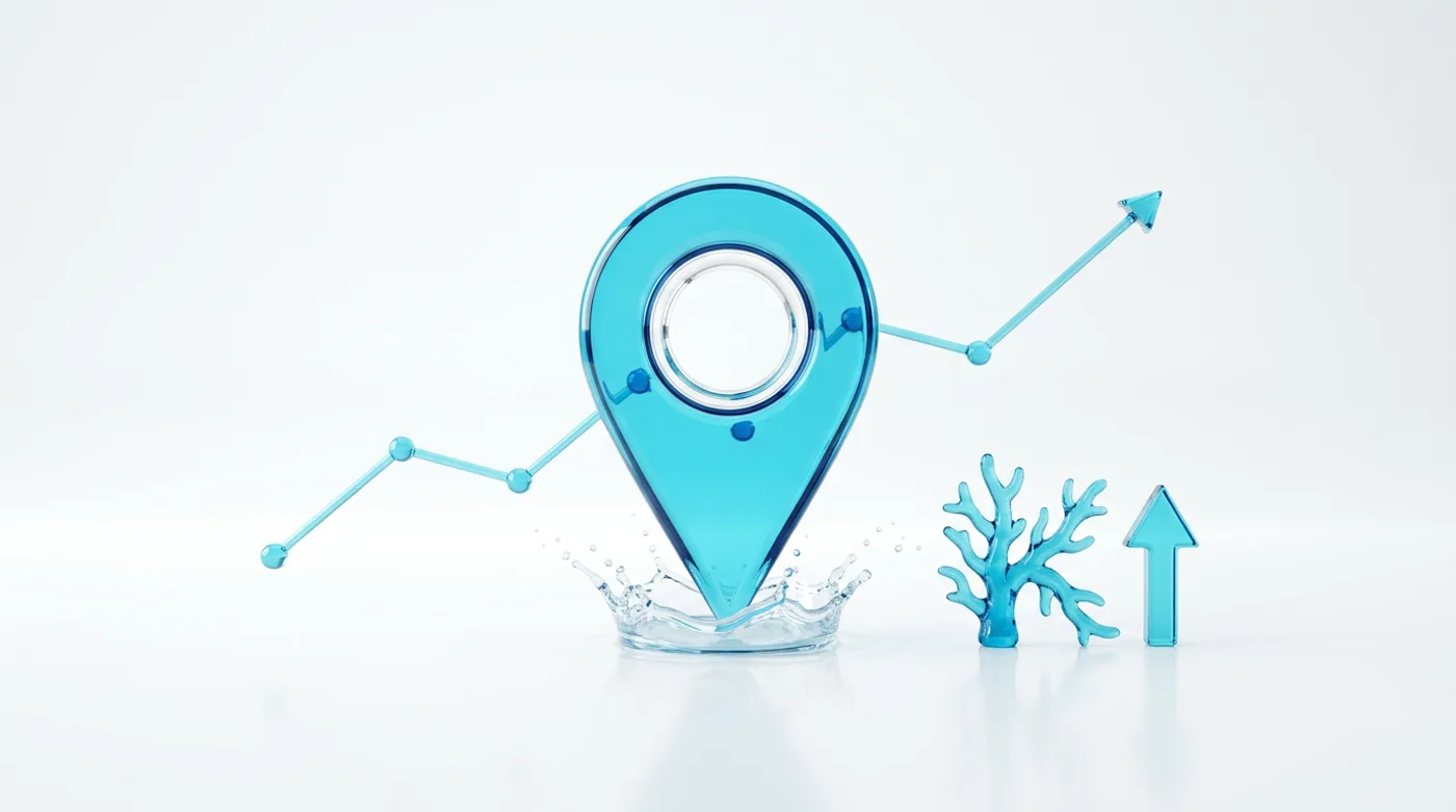 A cyan glass map pin in a water splash with a rising chart line and the Koralis coral K
