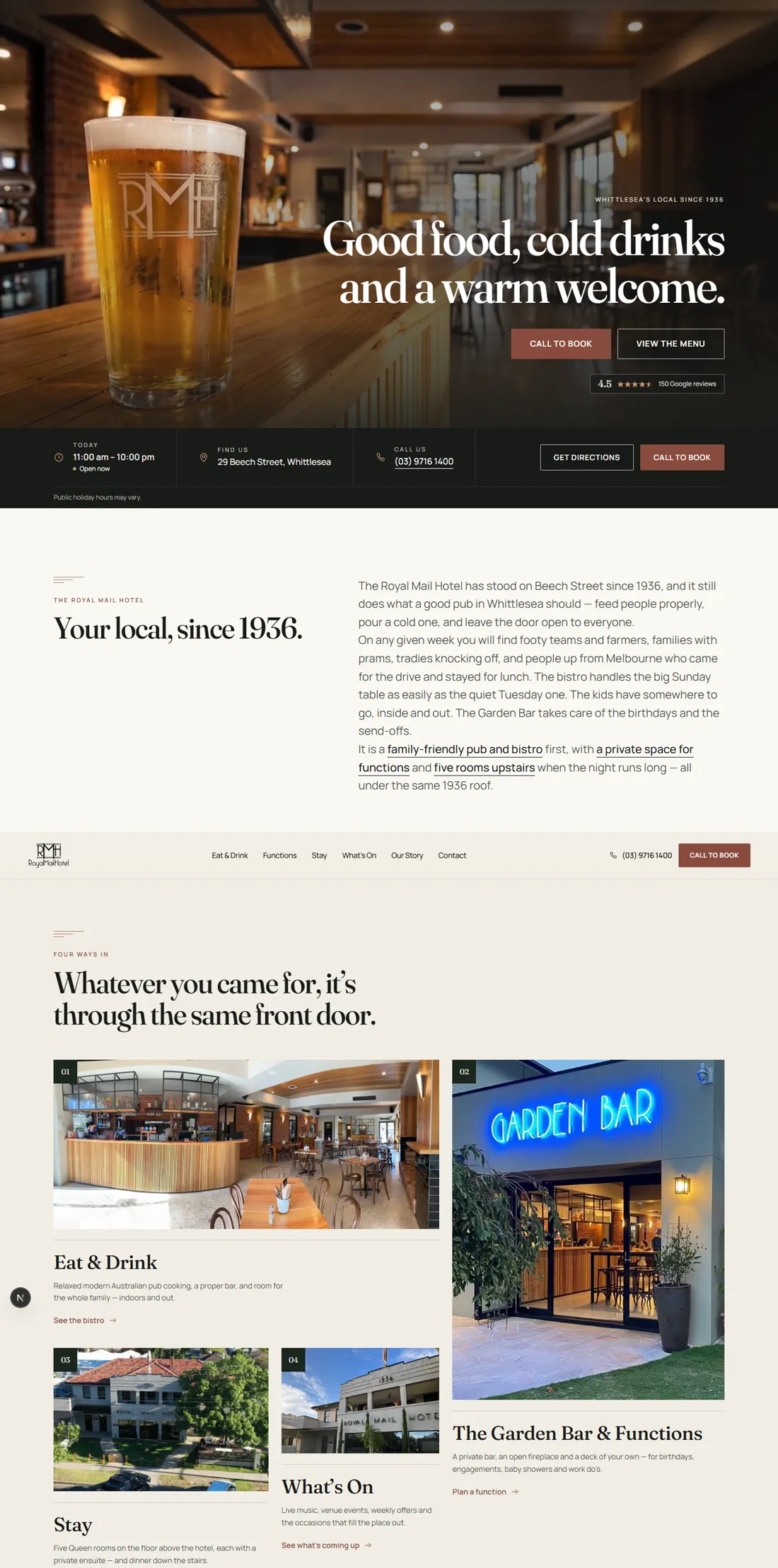 Royal Mail Hotel Whittlesea website, scrolling through the live pages