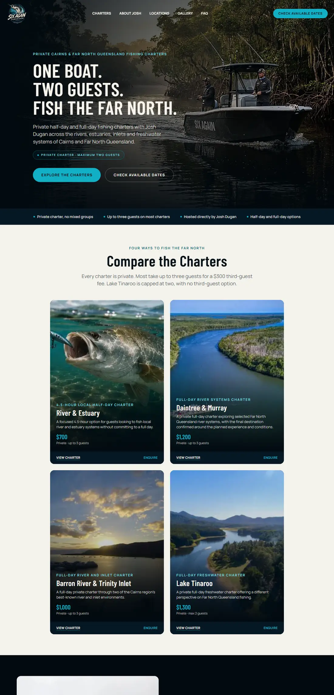 Six Again Sportsfishing website, scrolling through the live pages