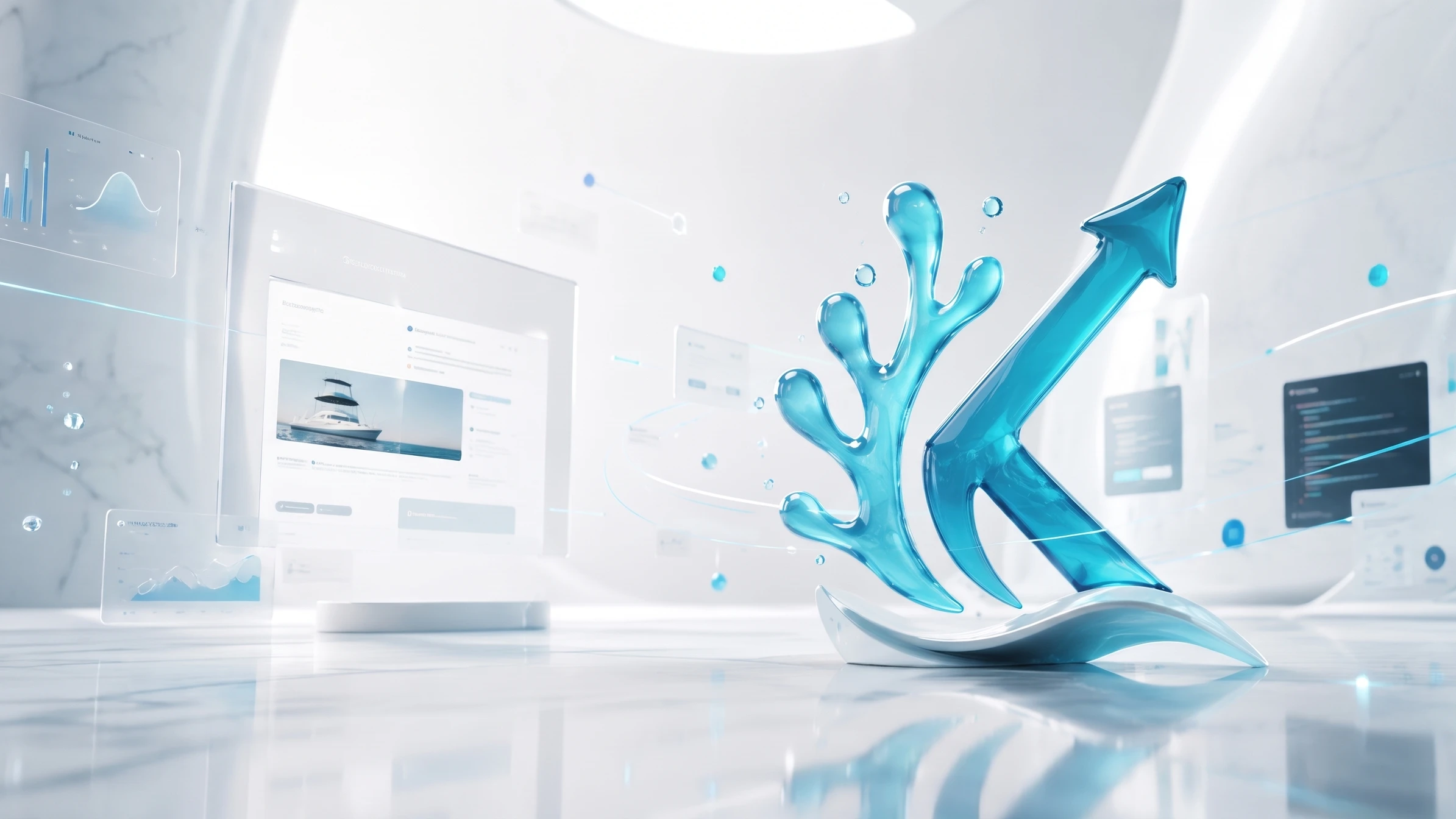 A glass sculpture of the Koralis coral K mark on a bright studio desk, screens of website designs behind it
